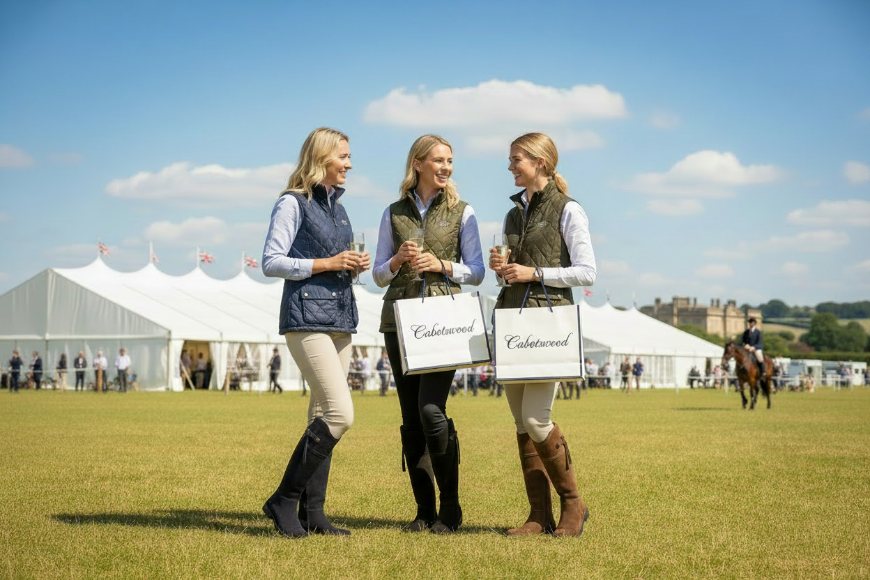 Three Cabotswood girls with off-white branded shopping bags at a country show