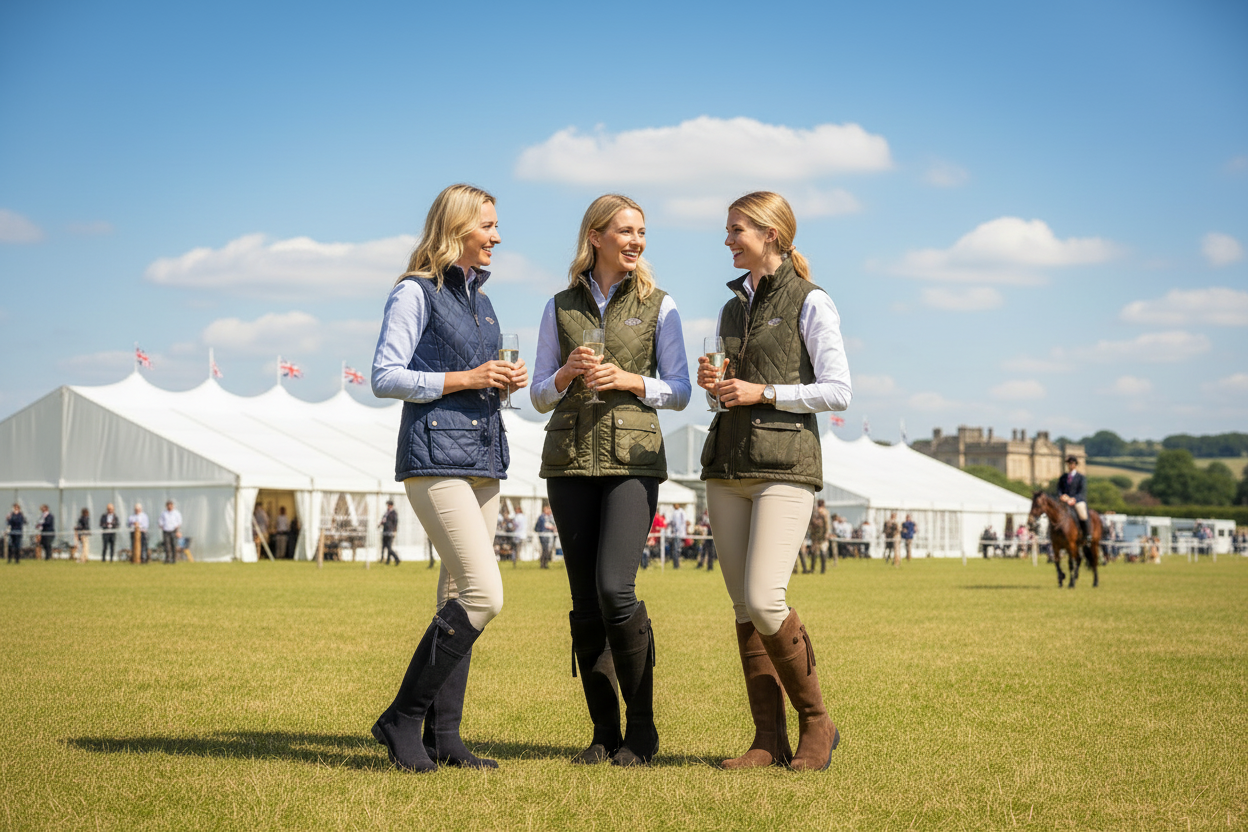 Three female friends wearing Burleigh boots in navy, black and chocolate at a country show