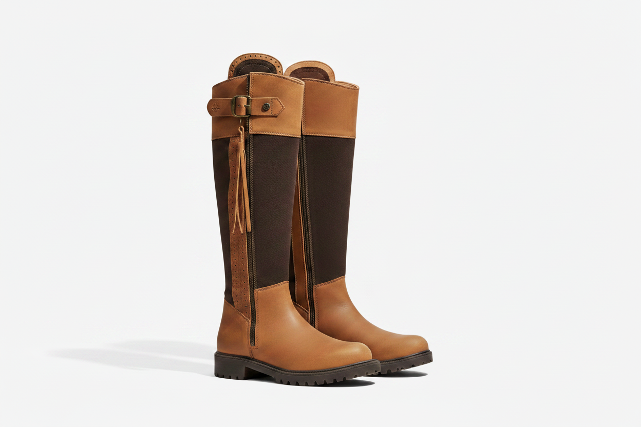 Tan and brown leather country boots with side zips and buckle straps, waterproof and durable for outdoor wear